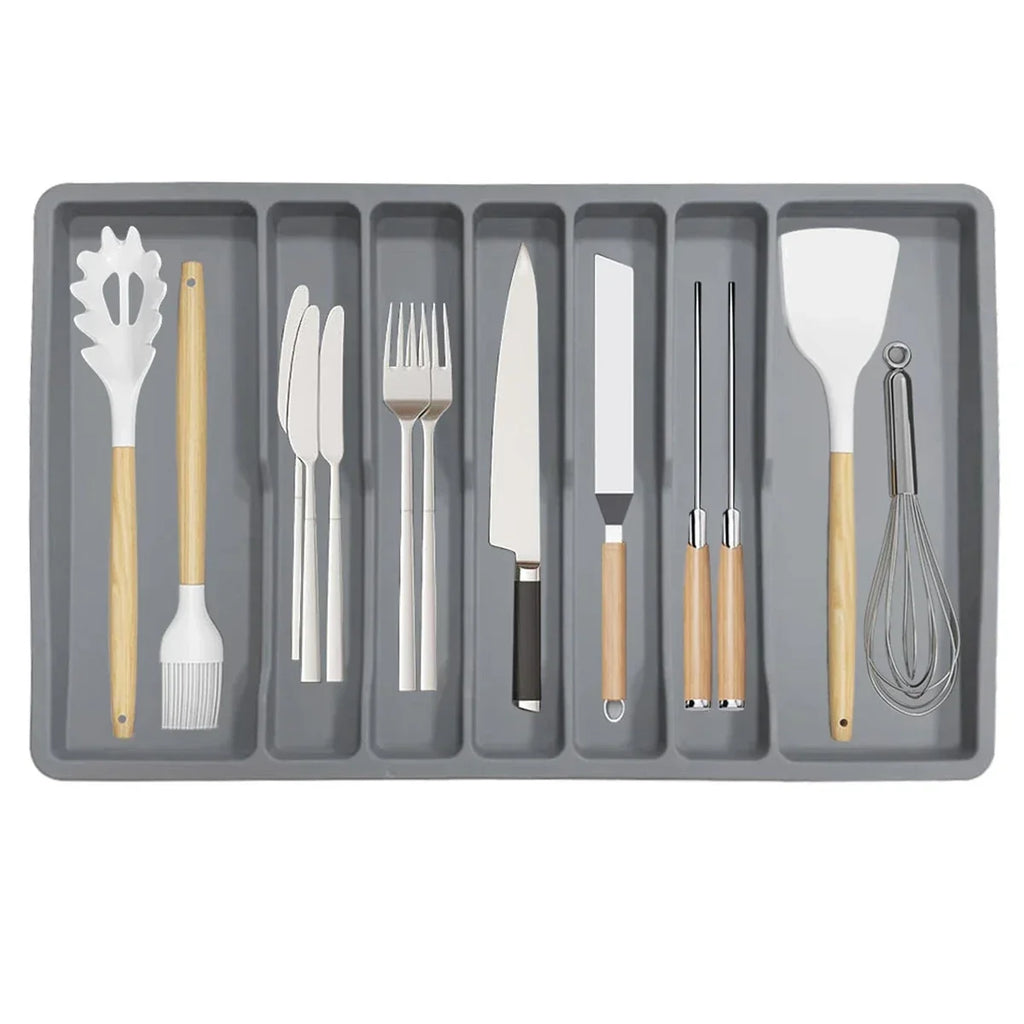 Non-Slip Silicone Cutlery Tray – 7-Compartment Drawer Organizer