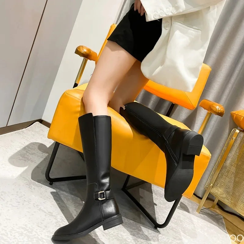 Women's Block Heel Side Zipper Boots – Sizes 5–14 | PU Upper
