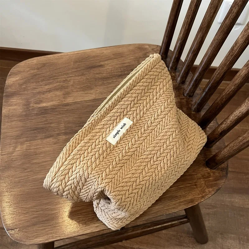 Rice Grain Pattern Woven Fabric Handbag Women's Travel Cosmetic