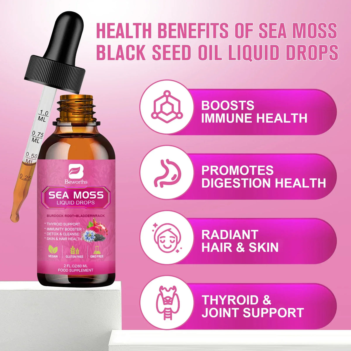 BEWORTHS Sea Moss Drops 3000mg – Immune, Hair & Gut Health