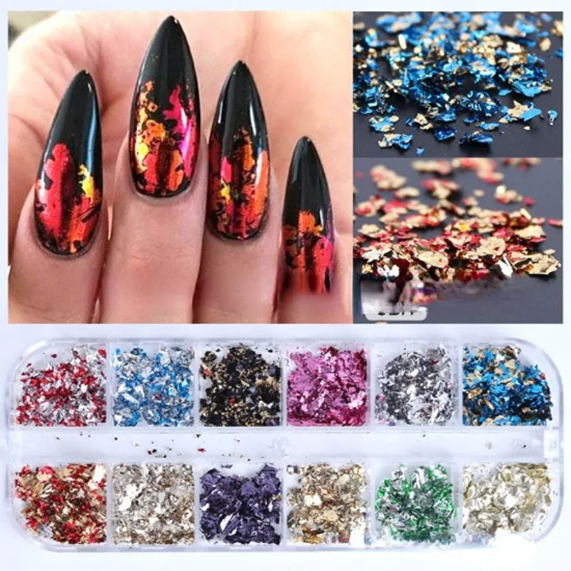12-Color Metallic Nail Foil Flakes – Gold Silver Copper Gilding Kit