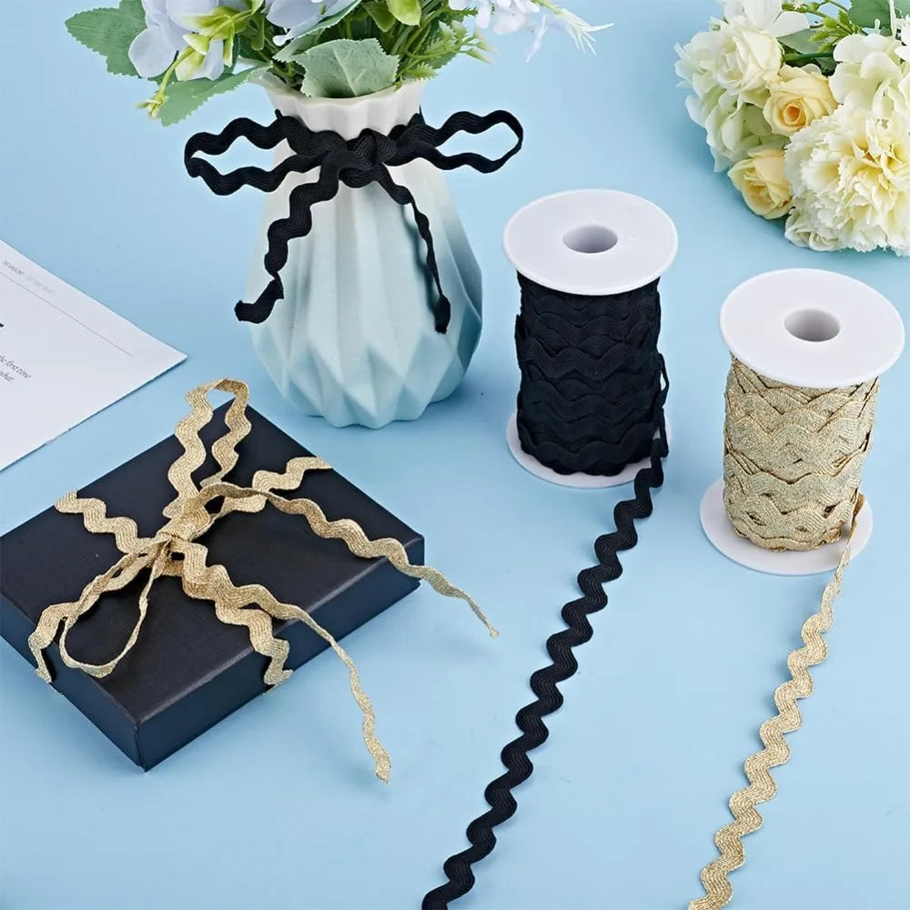 Black Wavy Ric Rac Fringe Trim Ribbon – 25 Yards, 8mm