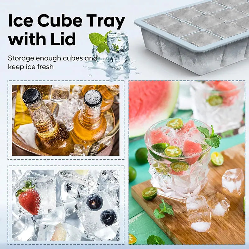 2-Pack Large Silicone Ice Cube Tray with Lid | Whiskey & Cocktails