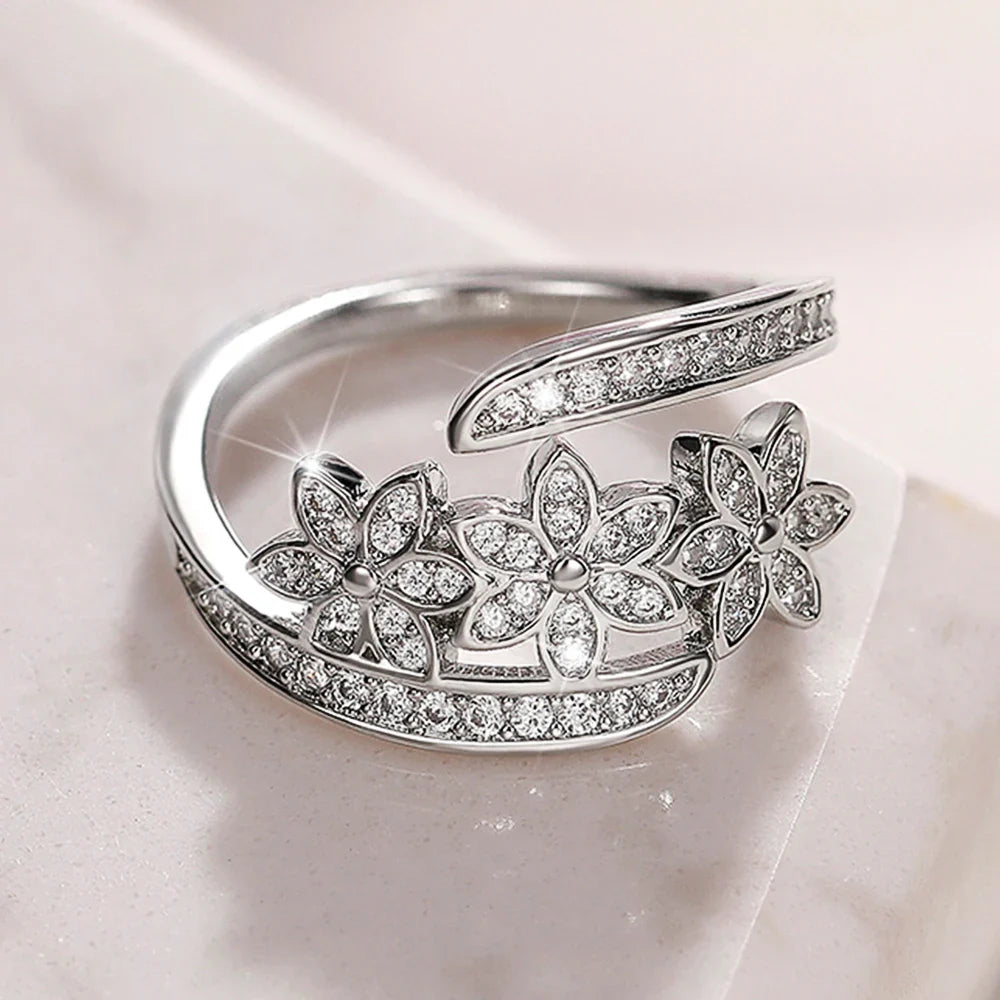 Huitan Silver Flower Adjustable Ring | Cubic Zirconia Bridal