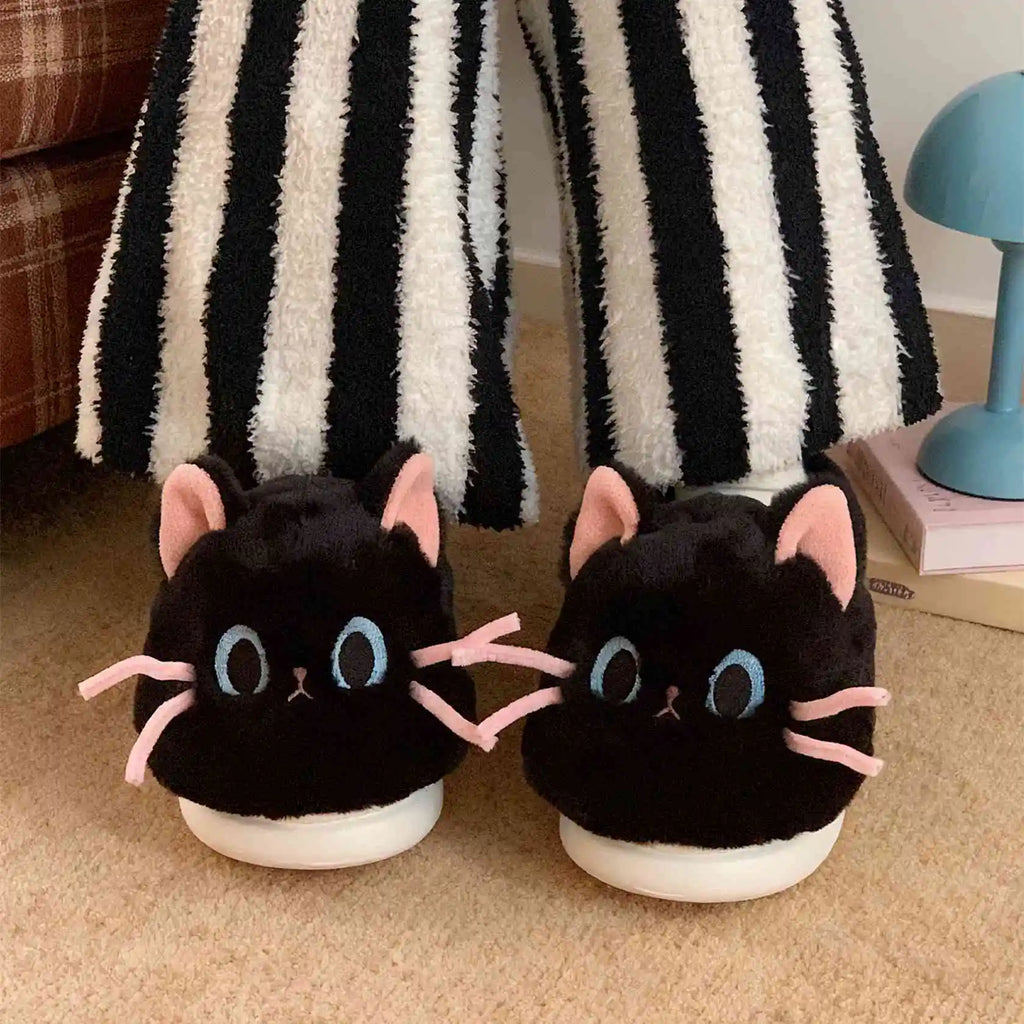 Women's Black Cat Fluffy Plush Slippers | Faux Fur Mules