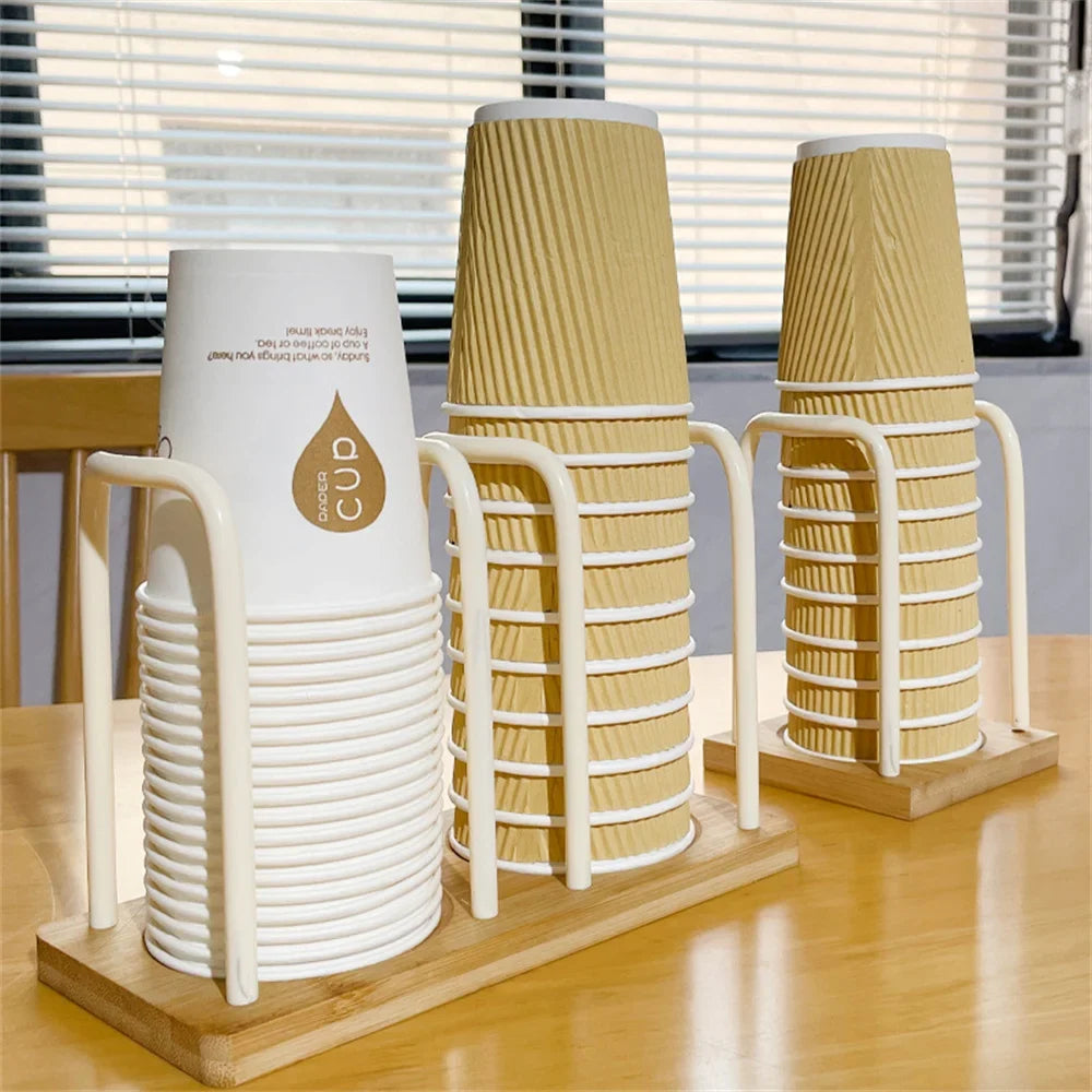 Disposable Cup Storage Holder Wooden Water Cups Dispenser Rack Shelf
