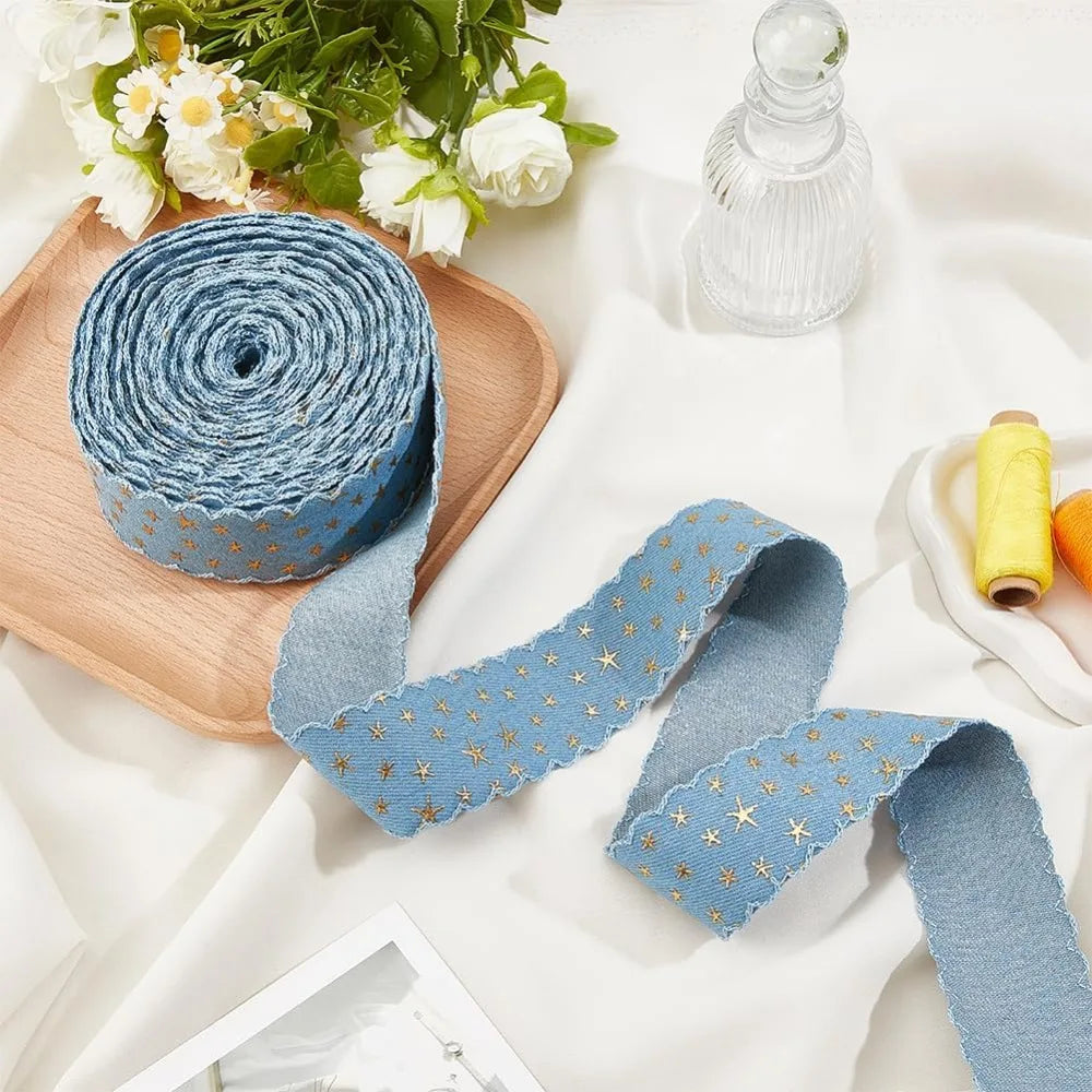 14.29 Yards Star Polyester Ribbon – Light Blue Gold 40mm