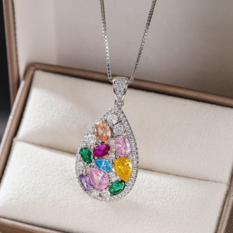 Huitan Pear Pendant Necklace – Colorful Cubic Zirconia Silver