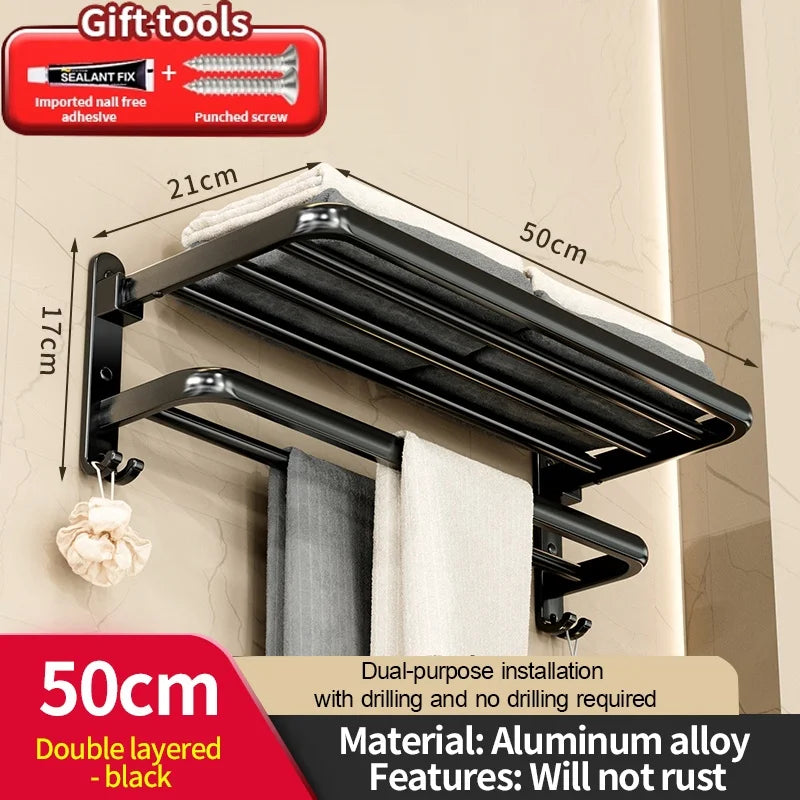 Black Aluminum No-Drill Towel Rack | Bathroom Towel Bar