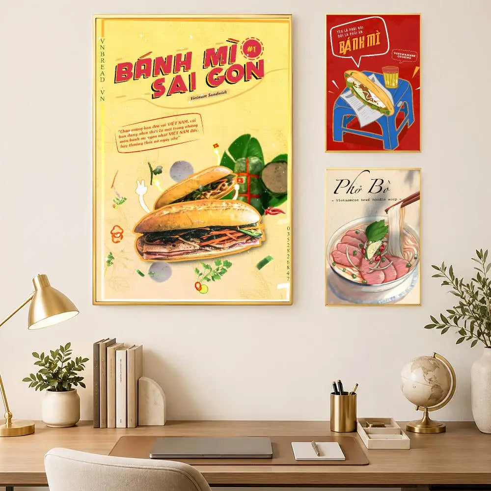 Vietnam Food Art Wall Poster – Banh Mi & Pho Self-Stick Decor
