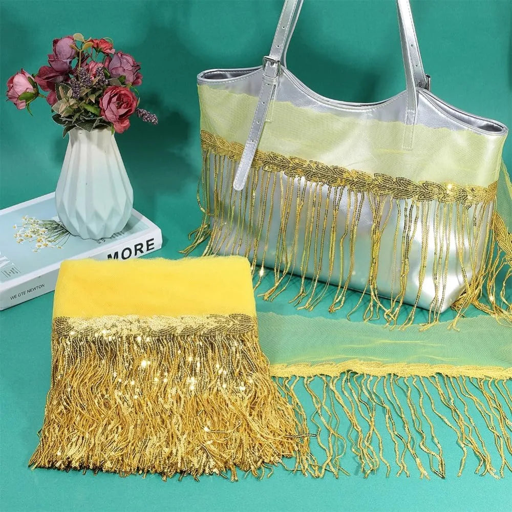 10 Yards Gold Sequin Tassel Fringe Trim Ribbon – 13 Inch Wide