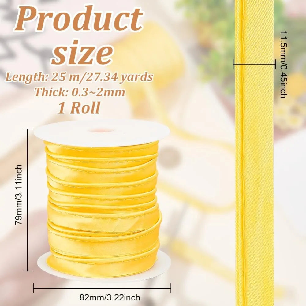 25M Yellow Satin Piping Ribbon 11.5mm Flat Cotton Trim Roll