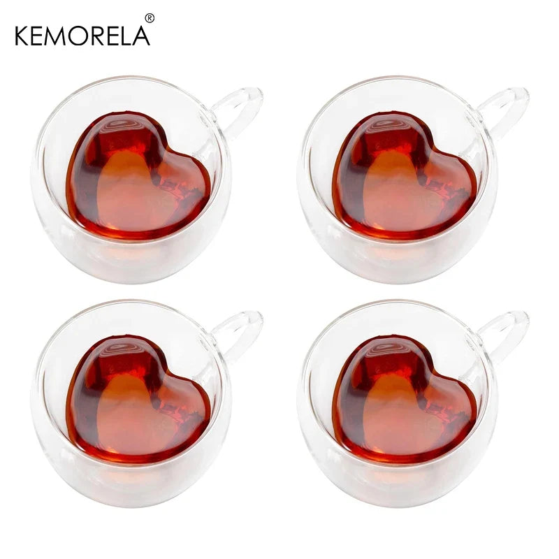 Heart Shaped Double Wall Glass Mugs Set of 4 – 240ml | KEMORELA