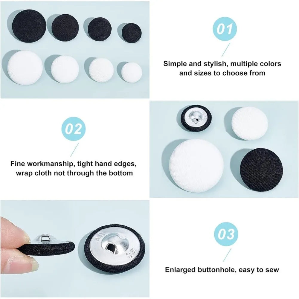 48pcs Fabric Covered Buttons 4 Sizes Black White Craft Sewing