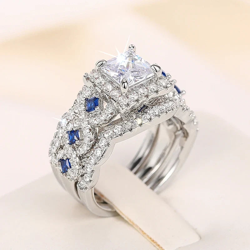 Huitan 3-Piece CZ Bridal Ring Set | Princess Wedding Jewelry
