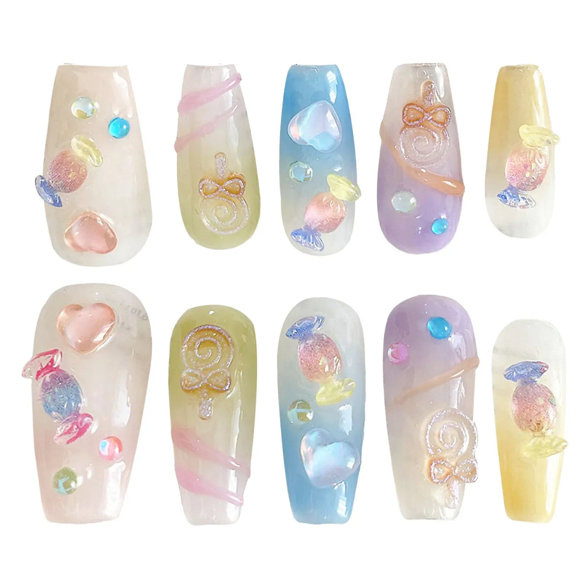 Korean Candy Crystal Press On Nails – Colorful Handmade Set