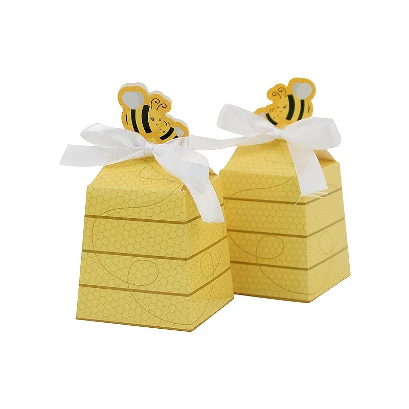 30 Bee Design Paper Gift Boxes with Ribbon Bows | Party Candy Boxes