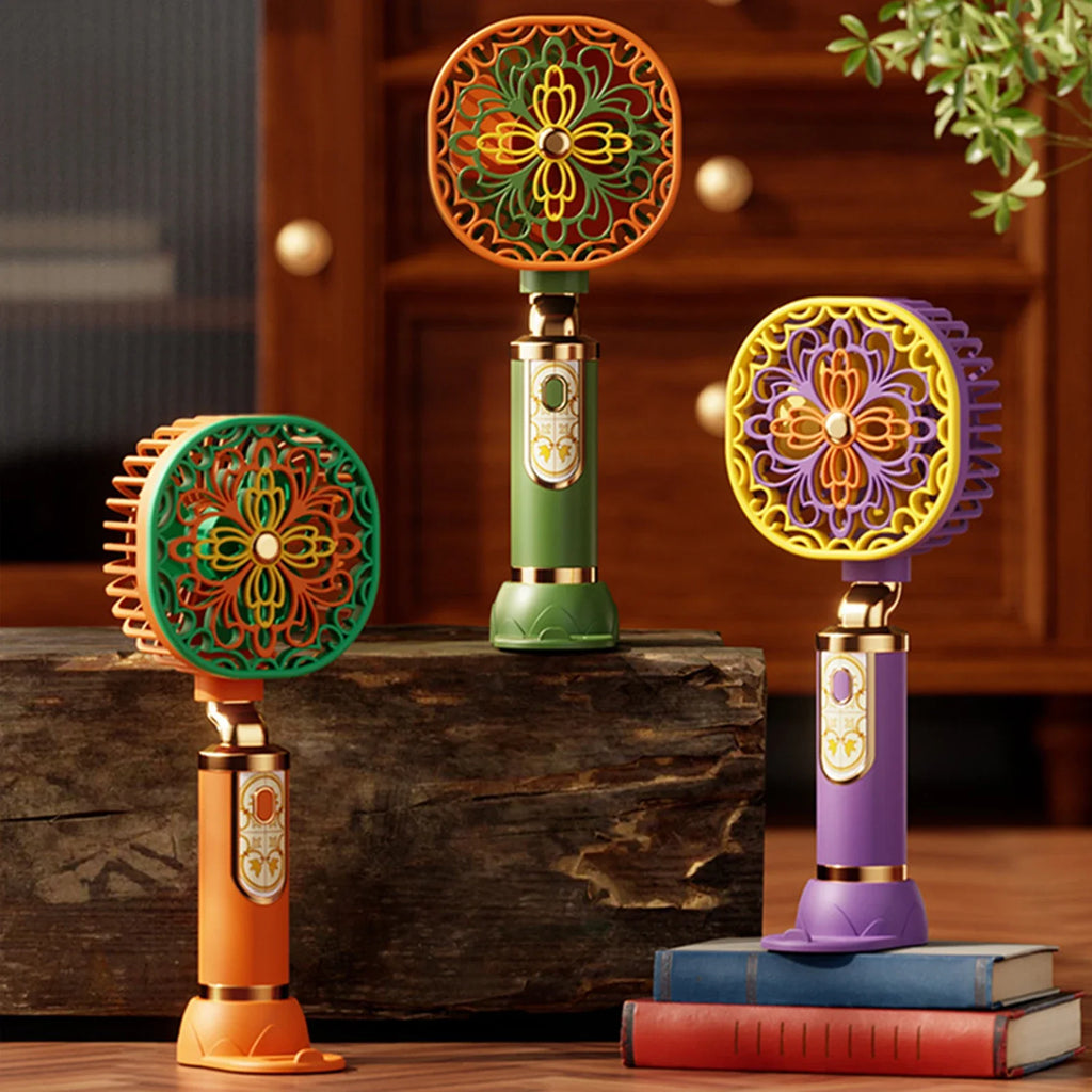 Vintage Floral Handheld Mini Fan – USB Rechargeable, 3 Speeds