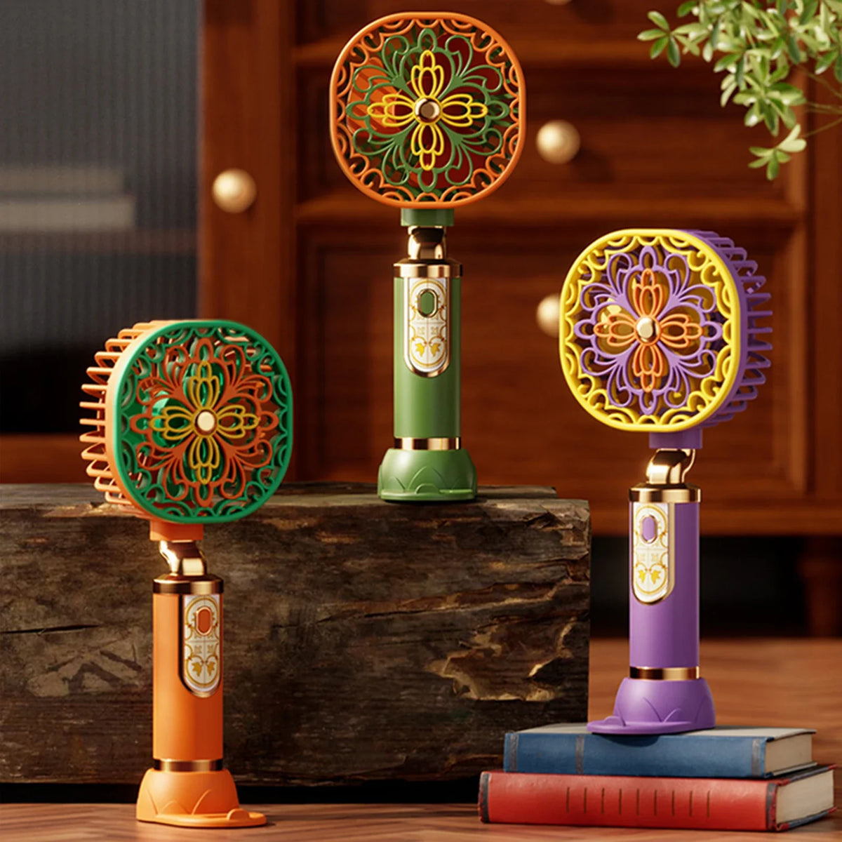 Vintage Floral Handheld Mini Fan – USB Rechargeable, 3 Speeds