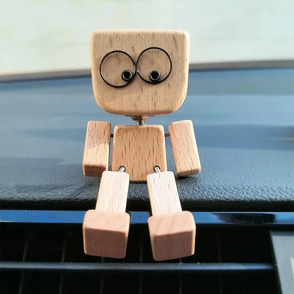 Leg-Shaking Wooden Man Car Dashboard Figurine | Magnetic Decor