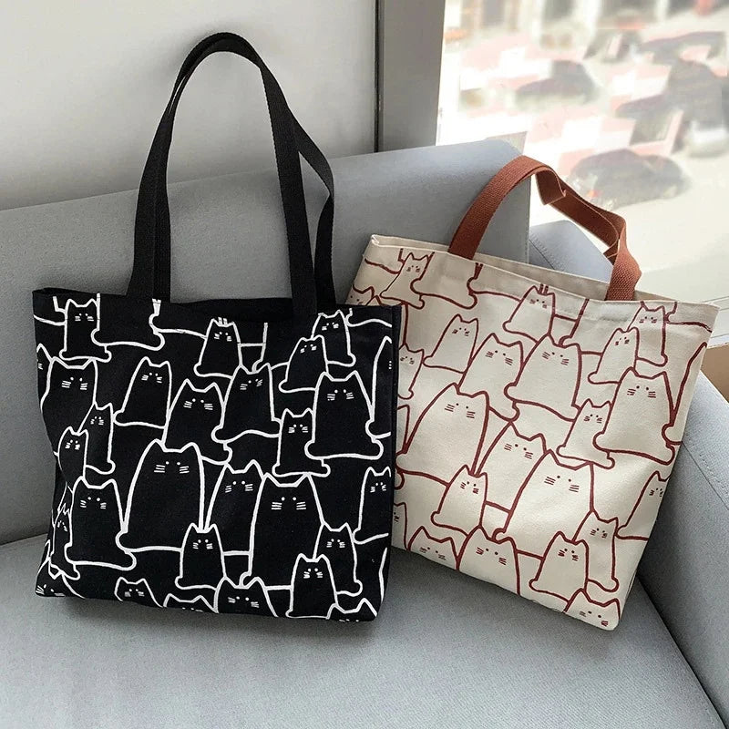 Cute Cat Canvas Tote Bag – Japanese Style Zipper Shoulder Bag