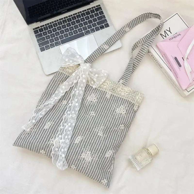 Lace Trim Polyester Tote Shoulder Bag | Foldable Travel Handbag