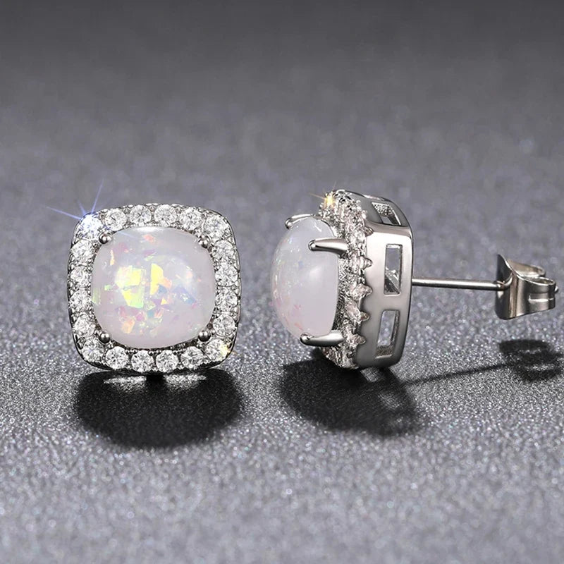 Huitan Opal Stud Earrings – Cubic Zirconia Silver & Rose Gold
