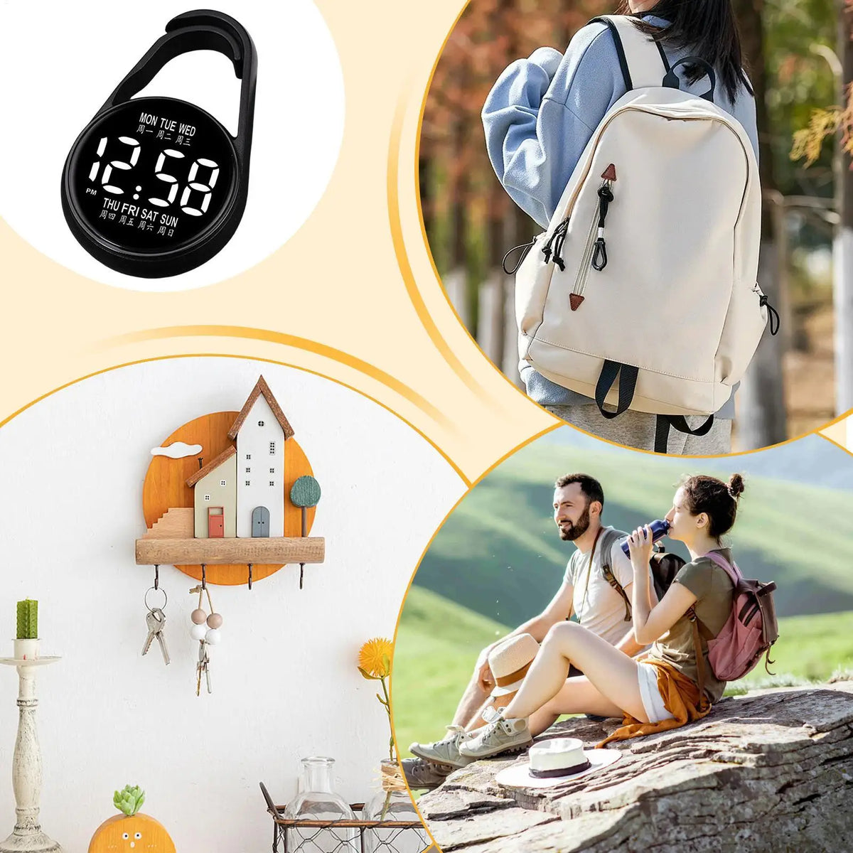 Digital Pocket Watch LED Night Glow Waterproof Keychain Clip
