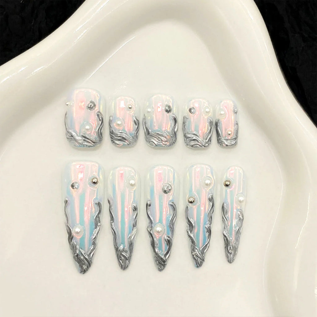 Y2K AB Cat's Eye Press On Nails – French Almond Tips 10pcs