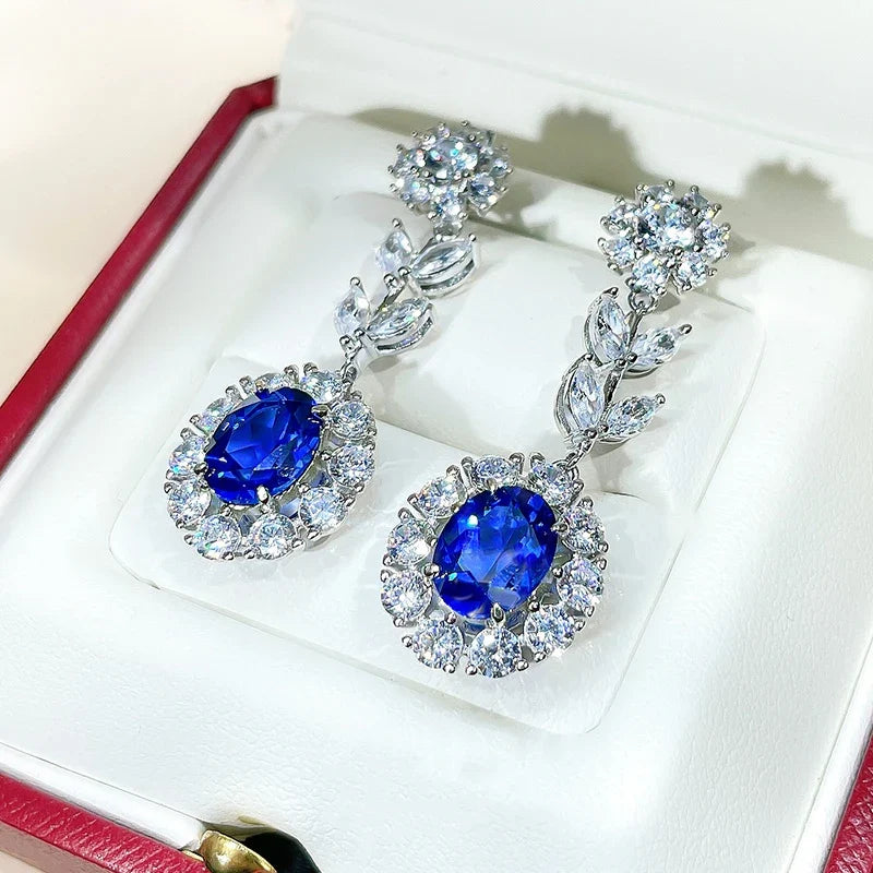 Huitan Flower Dangle Earrings – Blue & White CZ Silver Drop