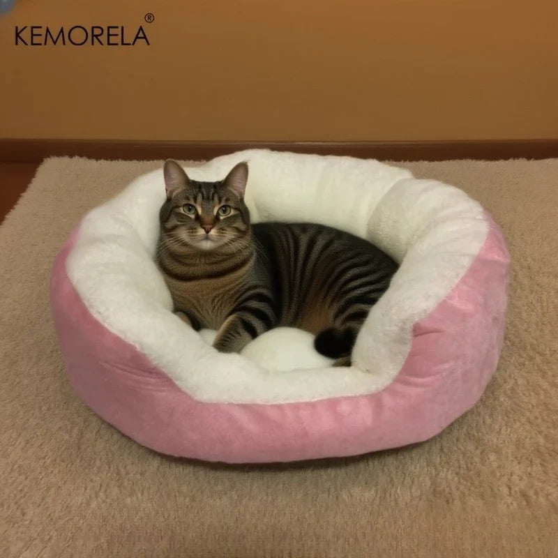 KEMORELA Plush Pet Bed with Backrest – Cat & Small Dog Bed