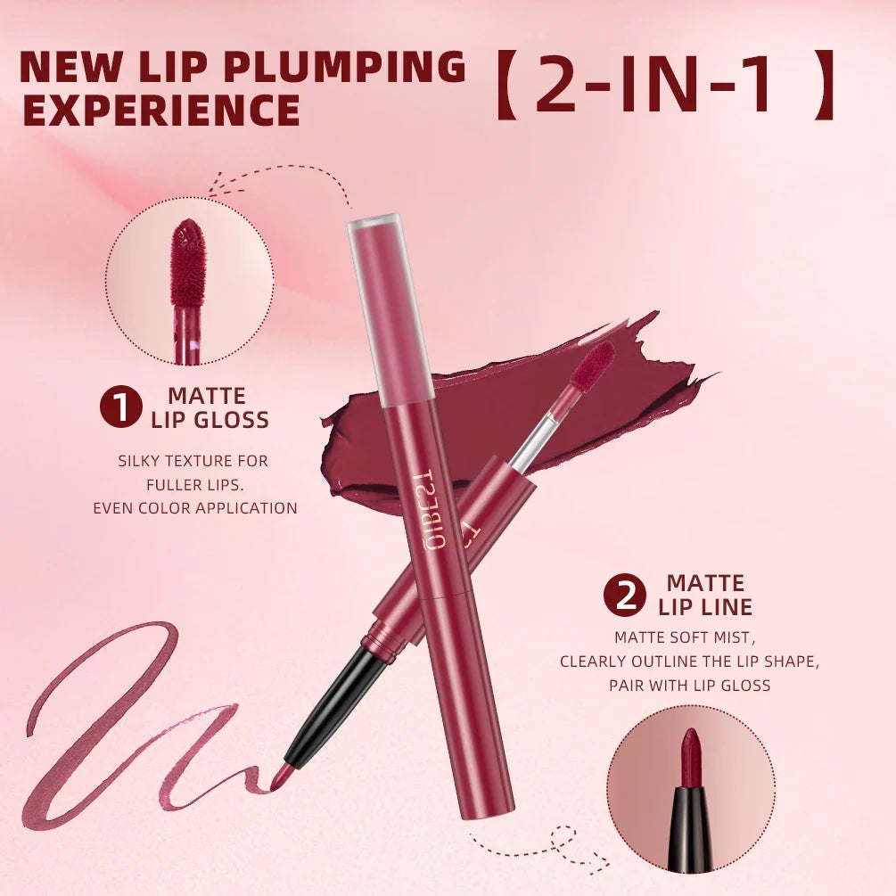 QiBest 2-in-1 Lip Liner & Gloss Pen – 6 Colors, Matte