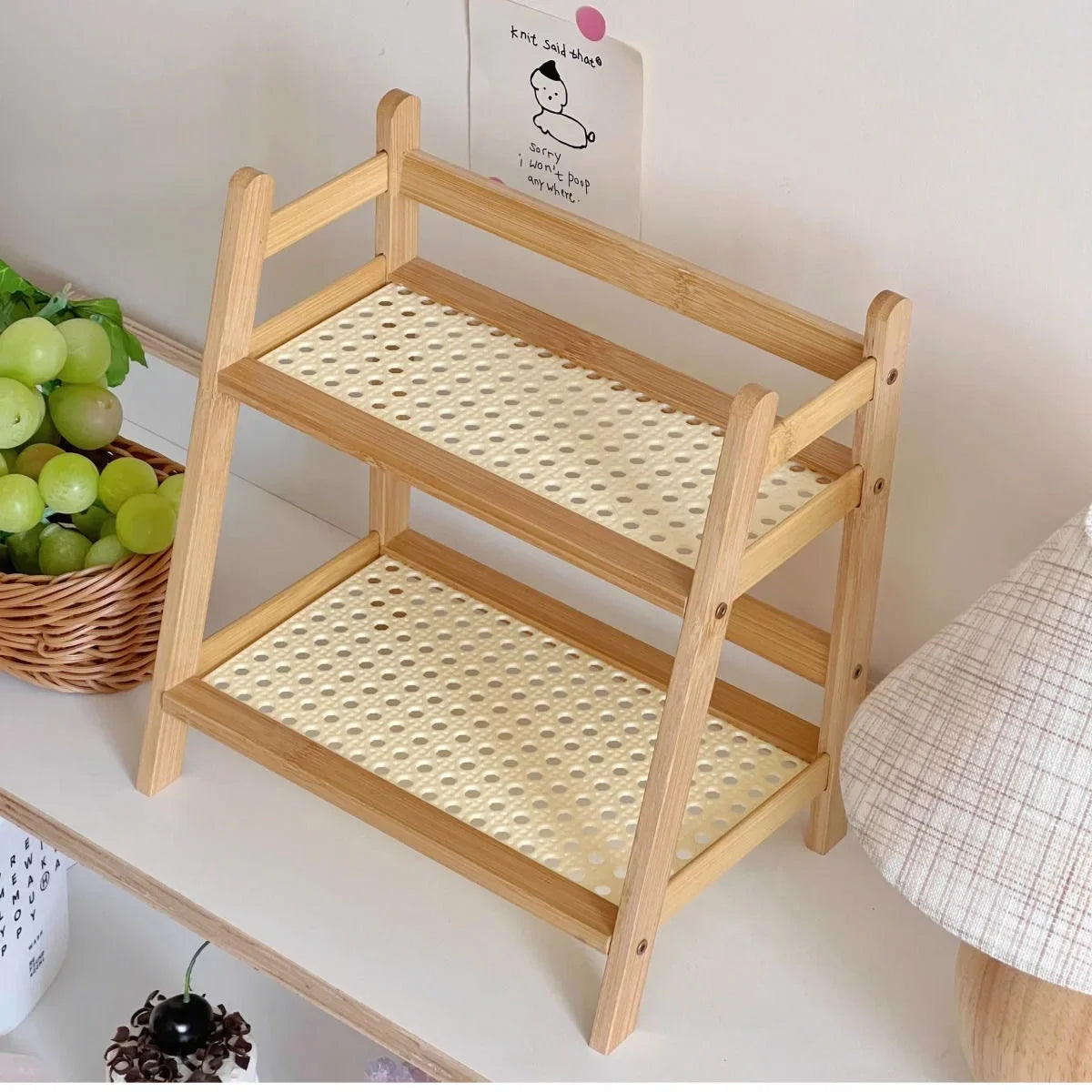 Antique Rattan Cream Double Desktop Shelf Dormitory Bedroom Office