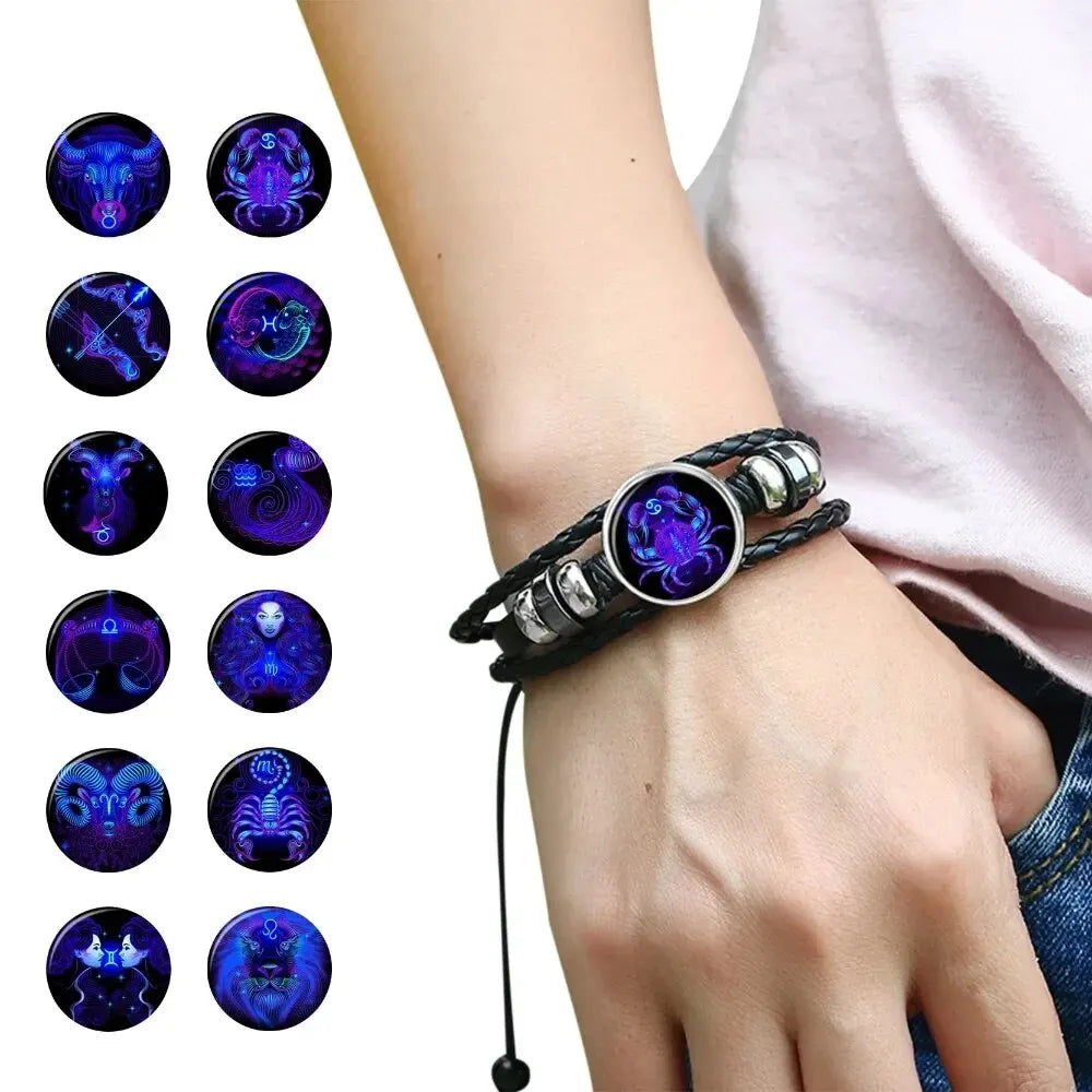 Zodiac Constellation Braided Leather Bracelet | Glass Dome Charm