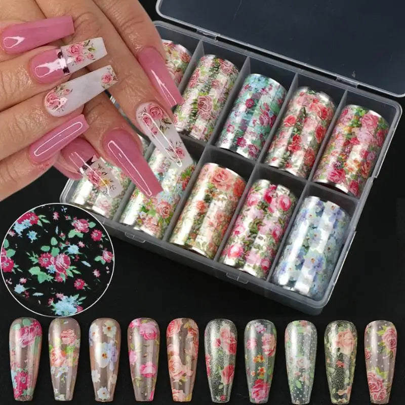 10 Rolls Floral Butterfly Nail Foil Transfer Stickers Set