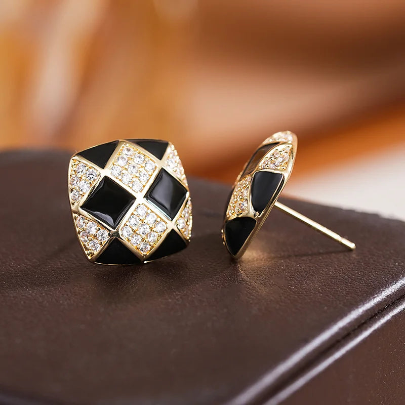 Huitan Gold Grid Stud Earrings – Geometric CZ Fashion Jewelry
