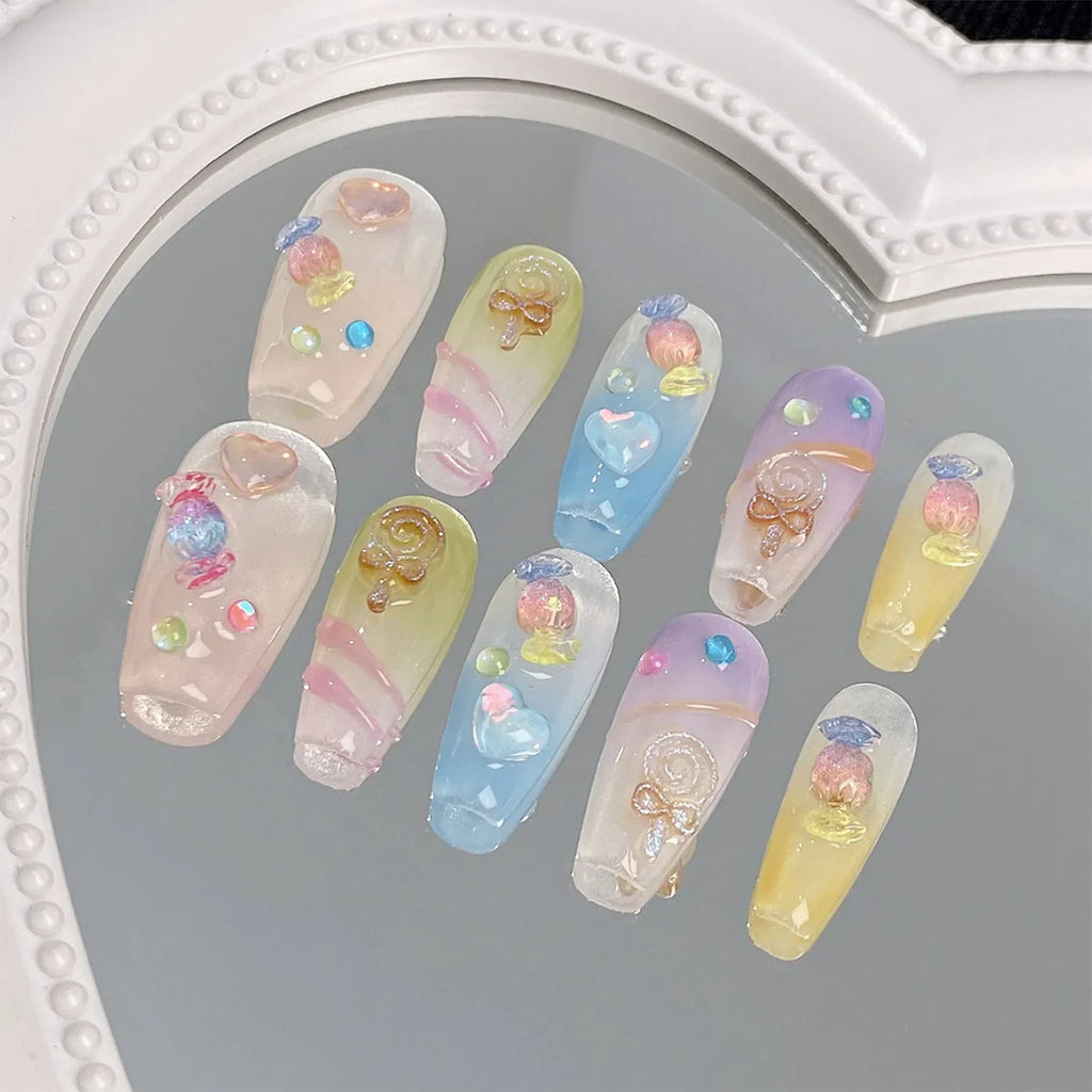 Korean Candy Crystal Press On Nails – Colorful Handmade Set