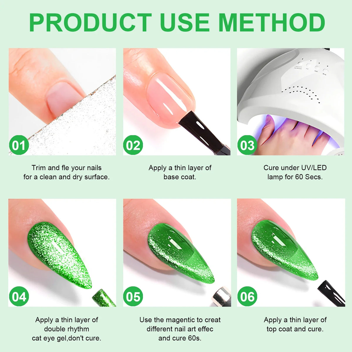 Green Cat Eye Gel Polish Glossy Magnetic Nail Holographic 9D Effect