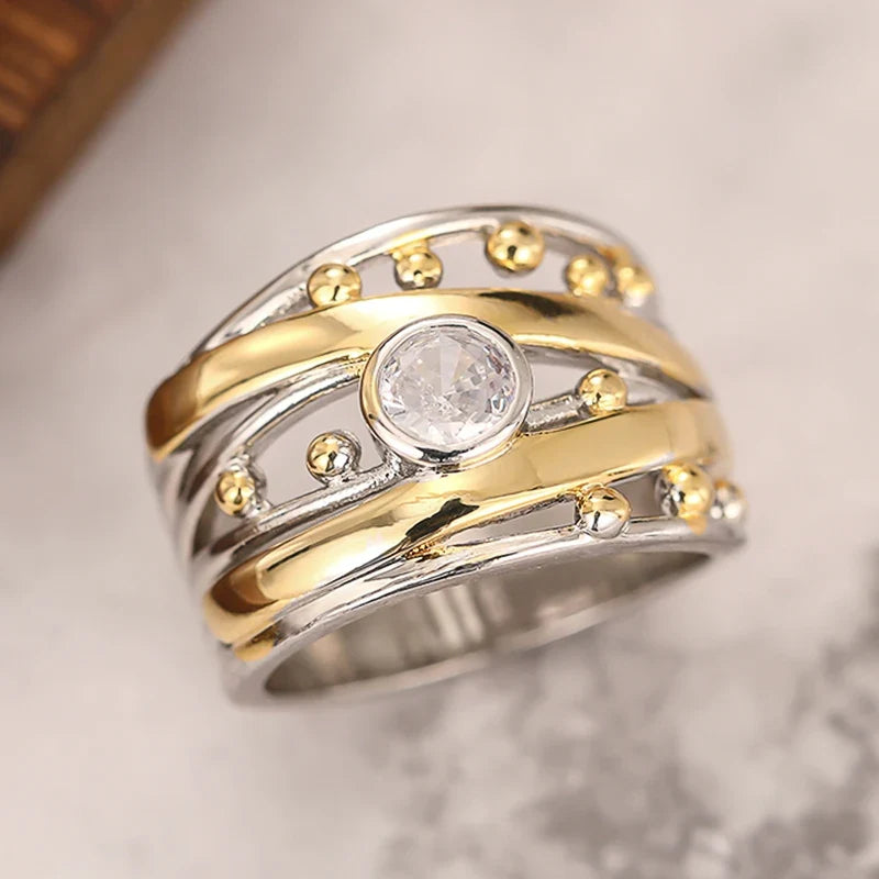 Huitan Two-Tone Cubic Zirconia Ring – Women's Fashion Band