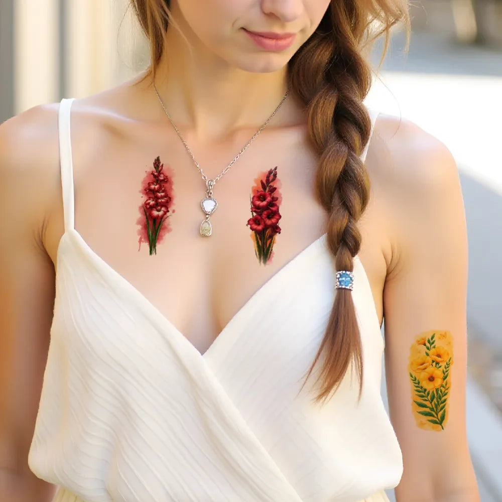 9pc Temporary Tattoos – Lotus, Green Leaves & Pink Blossoms