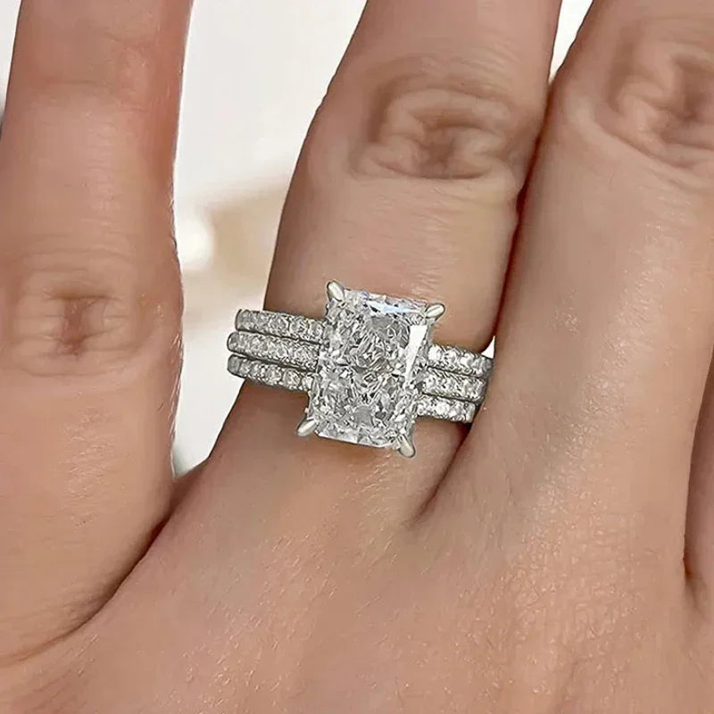 Huitan 3-Piece CZ Bridal Ring Set – Rectangular Wedding Rings