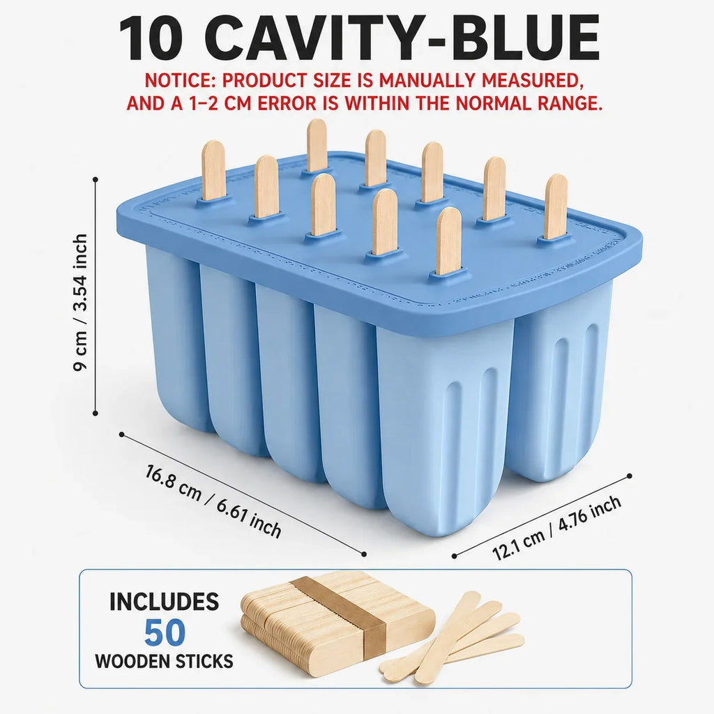 Silicone Popsicle Mold 9/10 Cavity + 50 Wooden Sticks | Ice Pop