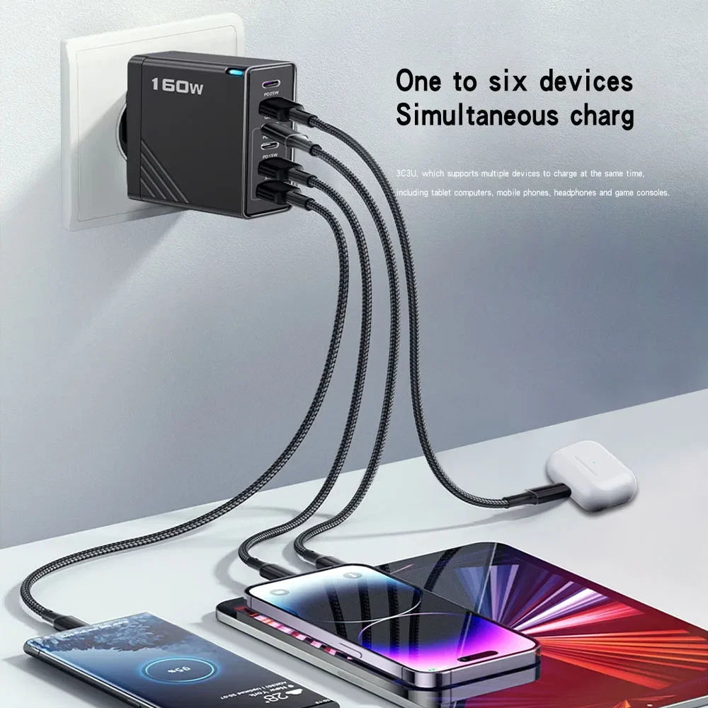 160W 6-Port USB-C Fast Charger | EU US UK Wall Adapter
