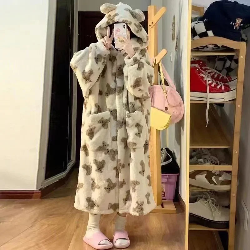 Women's Hooded Flannel Pyjama Set – Cute Bear Fluffy Robe
