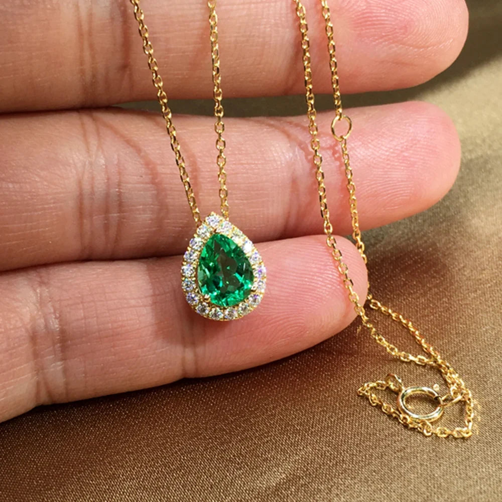 Huitan Green Water Drop CZ Pendant Necklace | Gold Tone