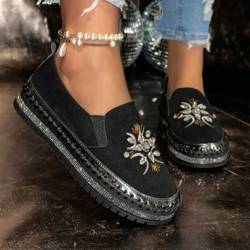 Rhinestone Bow Loafers – Women's Thick Sole Flat Slip-On Shoes