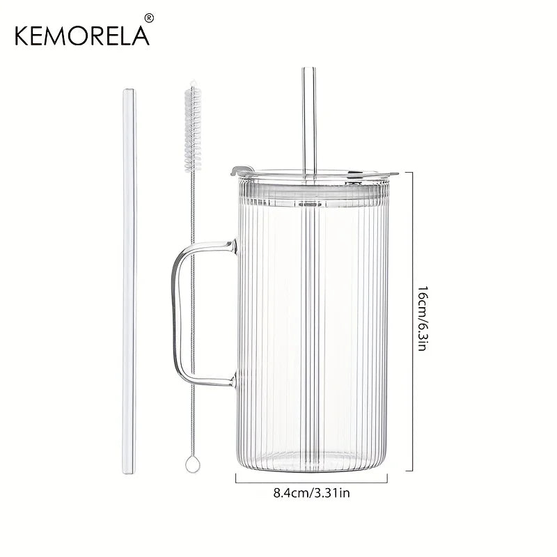 KEMORELA 740ml Ribbed Glass Tumbler with Handle, Lid & Straw