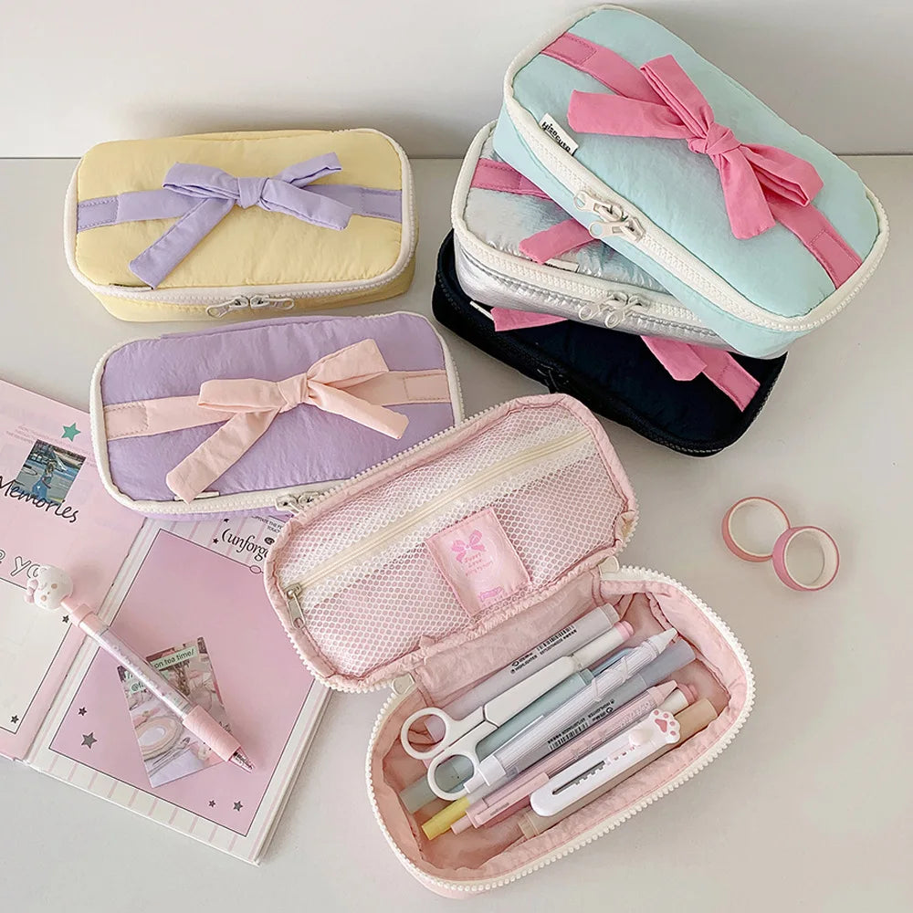 Bow Pencil Case – Cute Soft Fabric Student Stationery Bag
