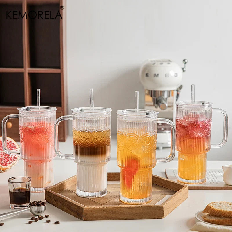 KEMORELA 750ml Sunflower Glass Tumbler with Lid & Straw