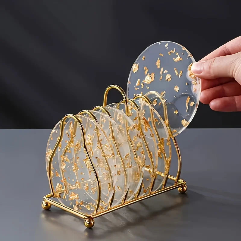 4-Piece Golden Foil Acrylic Coaster Set – Heat Resistant Pads